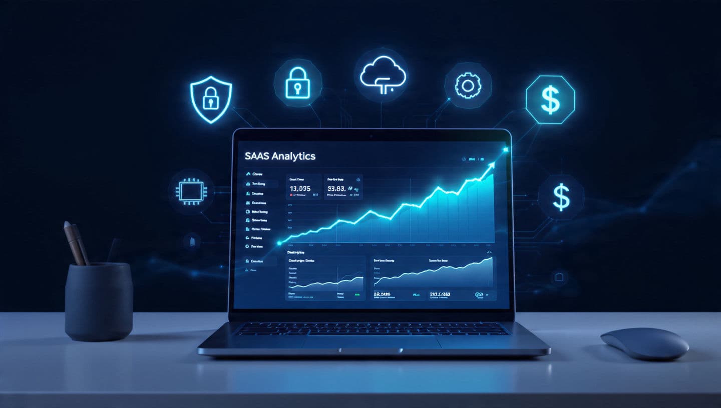 Laptop showing SaaS dashboard with icons for hidden custom SaaS development costs in 2026: security, compliance, AI, scaling and maintenance